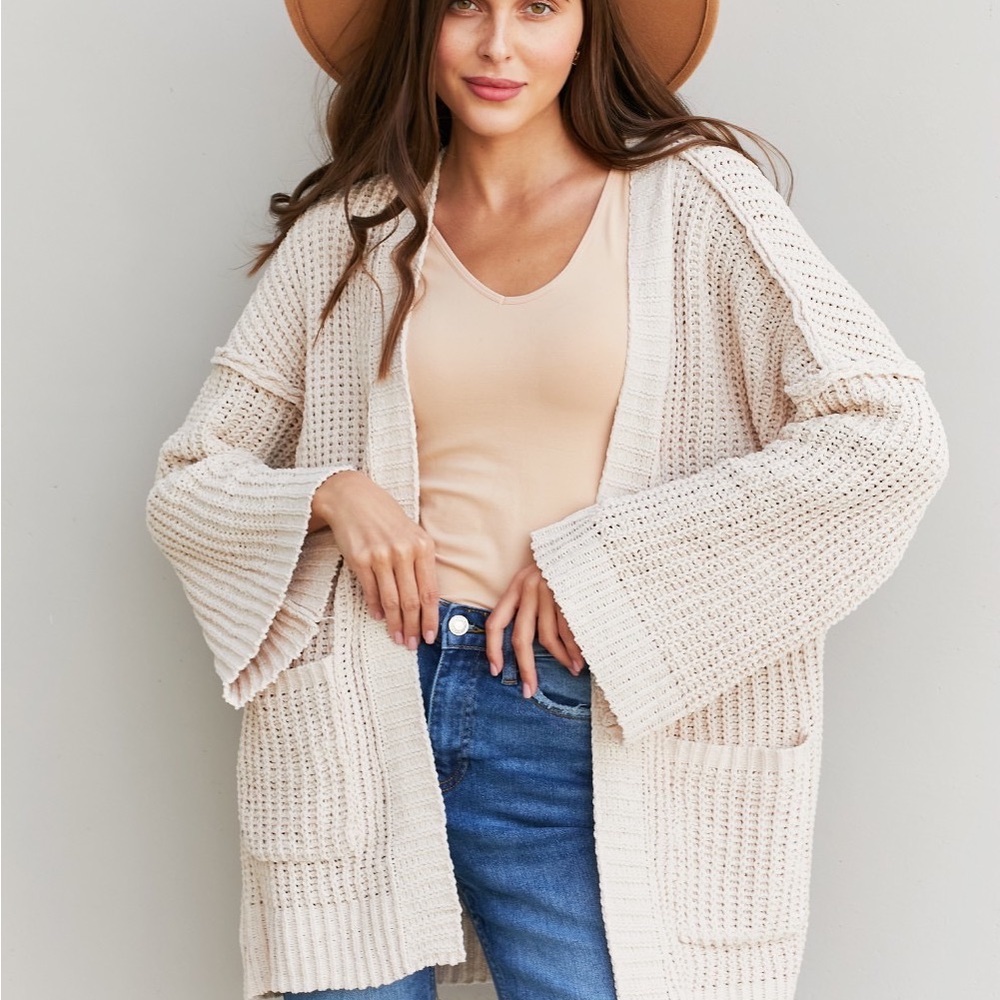 Very J Exposed Seam Flare Sleeve Open Front Cardigan